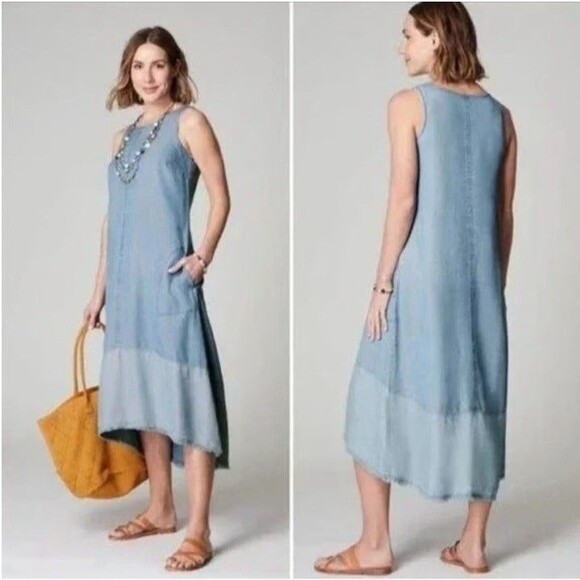 J. Jill Chambray Denim Sun Dress Midi Length Pockets Fringe Womens Size L - Picture 12 of 12
